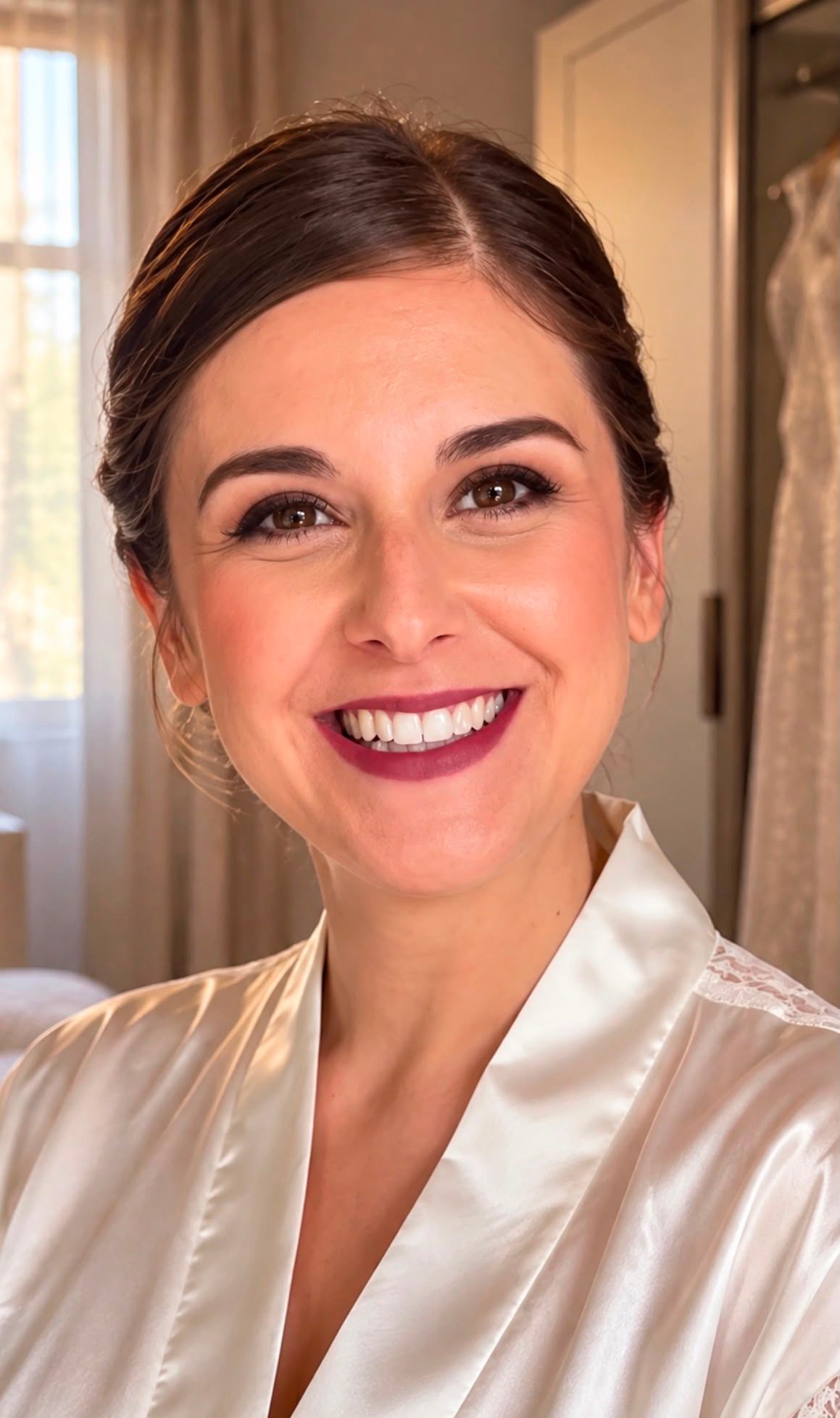 Sposa sorridente in accappatoio di raso durante la preparazione, trucco naturale e labbra bordeaux