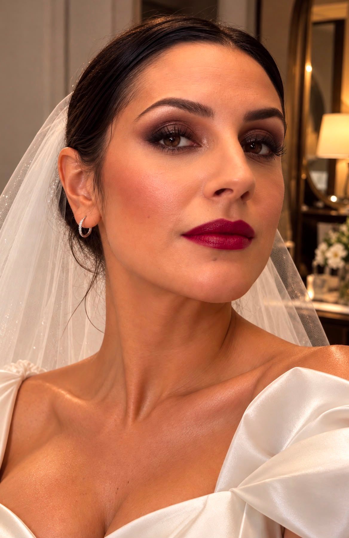Sposa con velo, smokey eyes caldo e labbra bordeaux
